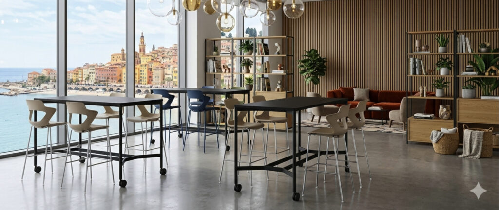 Tables hautes et tabourets dans un espace de travail partagé